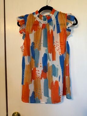Amazon Brushstroke Ruffle Mock Neck Top - Blue, Orange, Tan, Cream